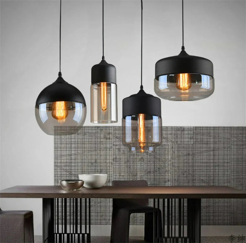 Modern geometrisk svart & Bärnstensfärgad glaspendellampa