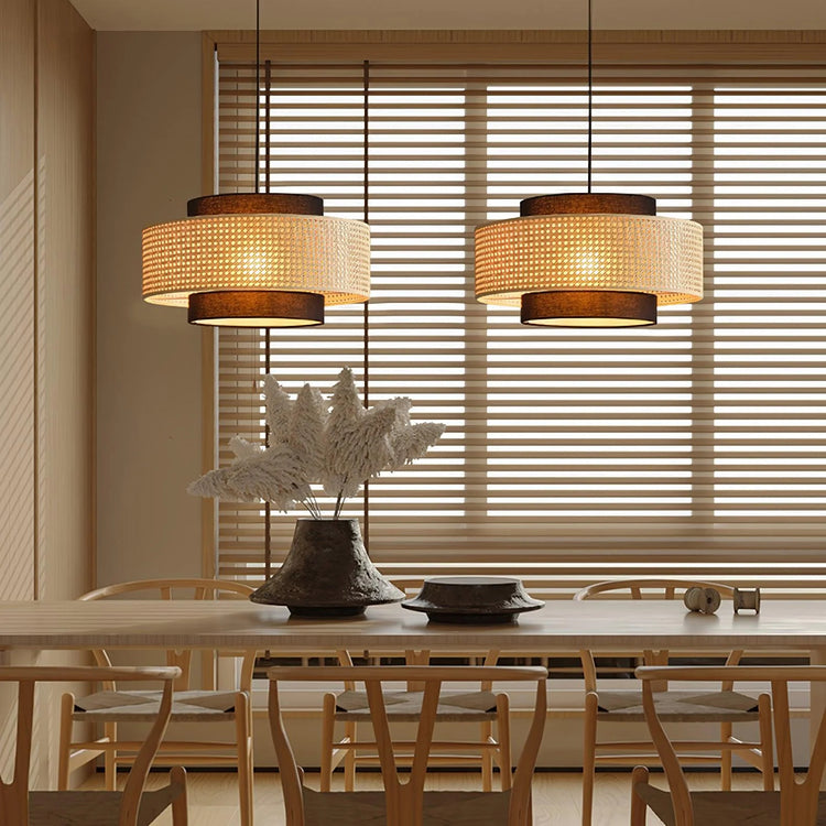 Moderne flerlags rattan tromle pendellampe