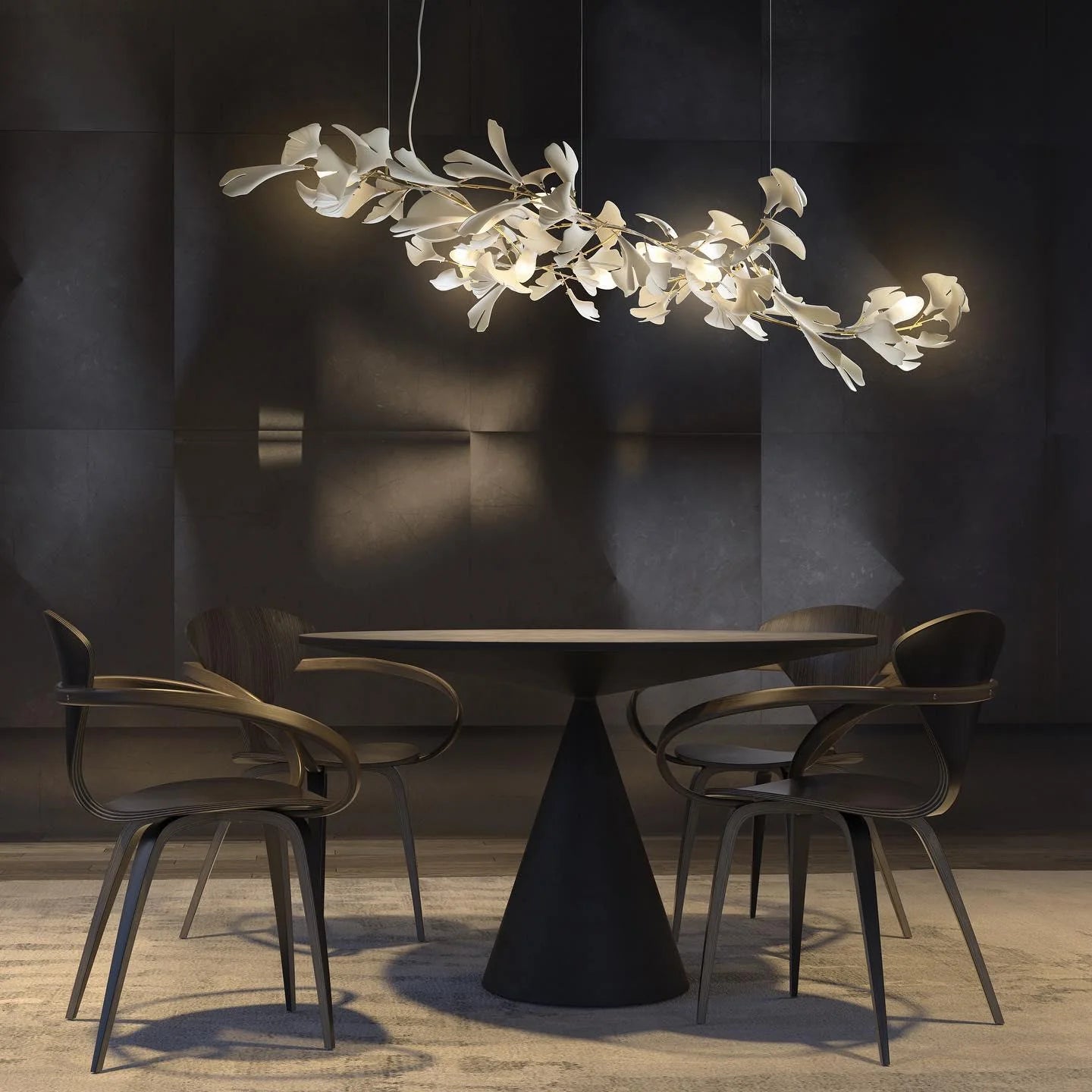 Lampadario con foglie dorate di ginkgo
