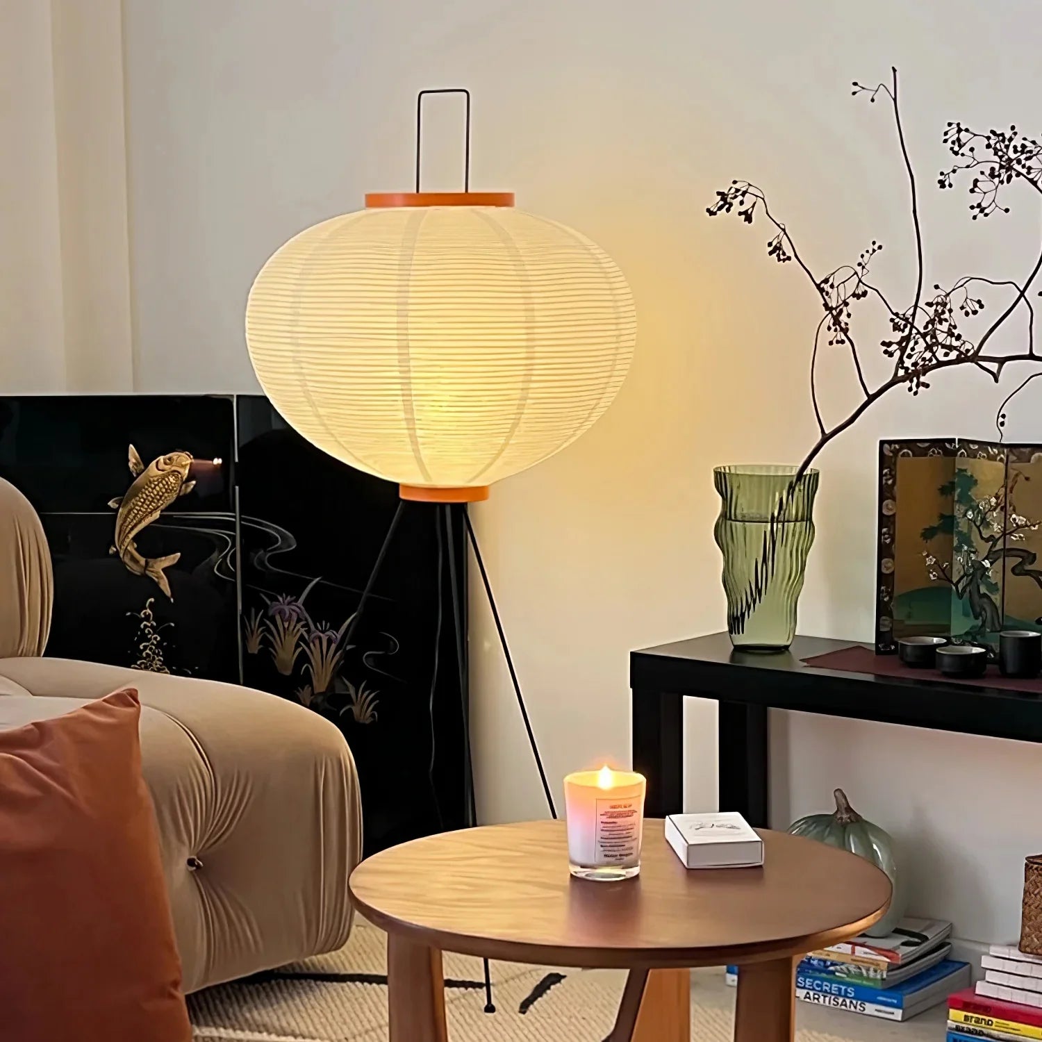 Lampe à abat-jour ronde en papier oriental