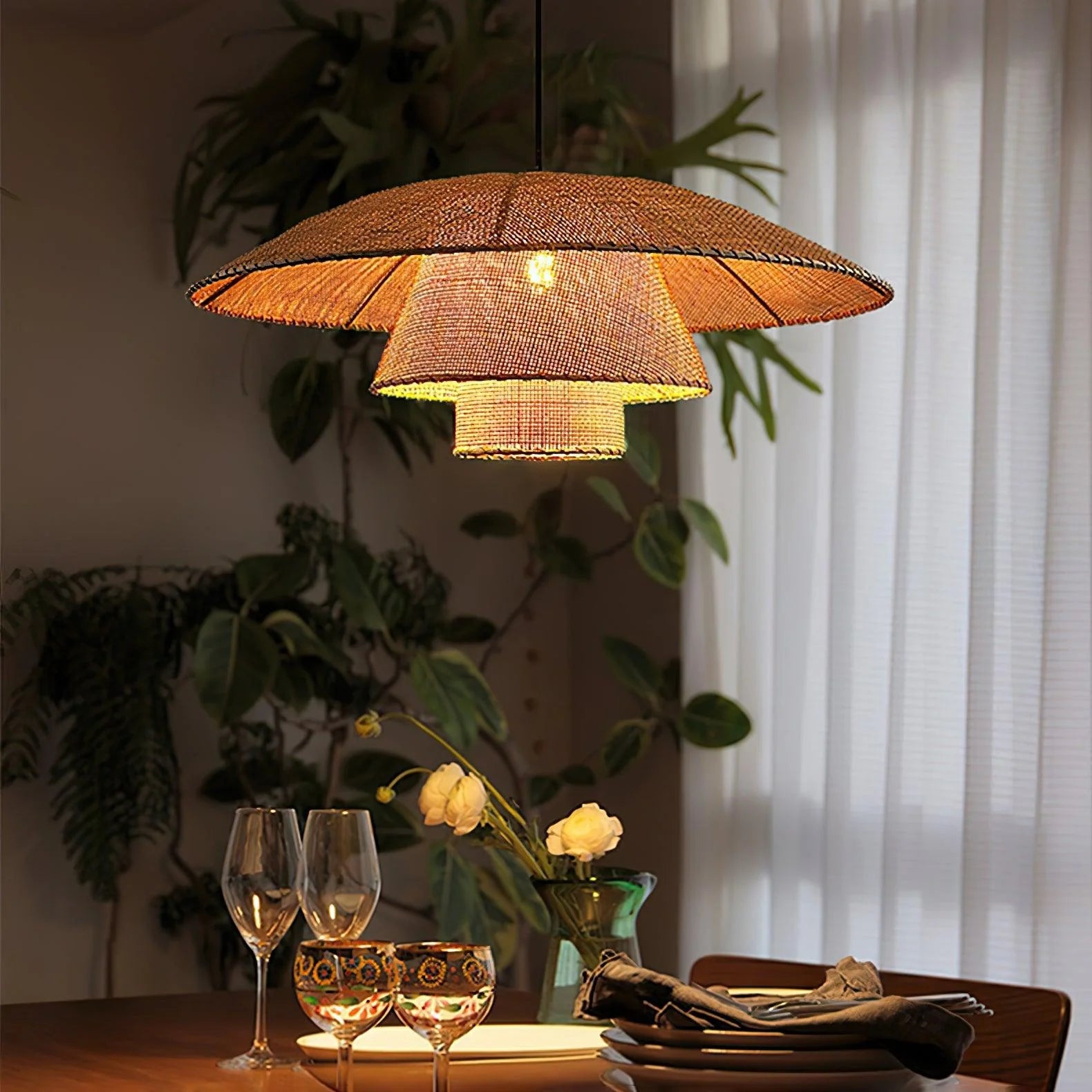 Lampada a sospensione con cappello da sole in tessuto Boho