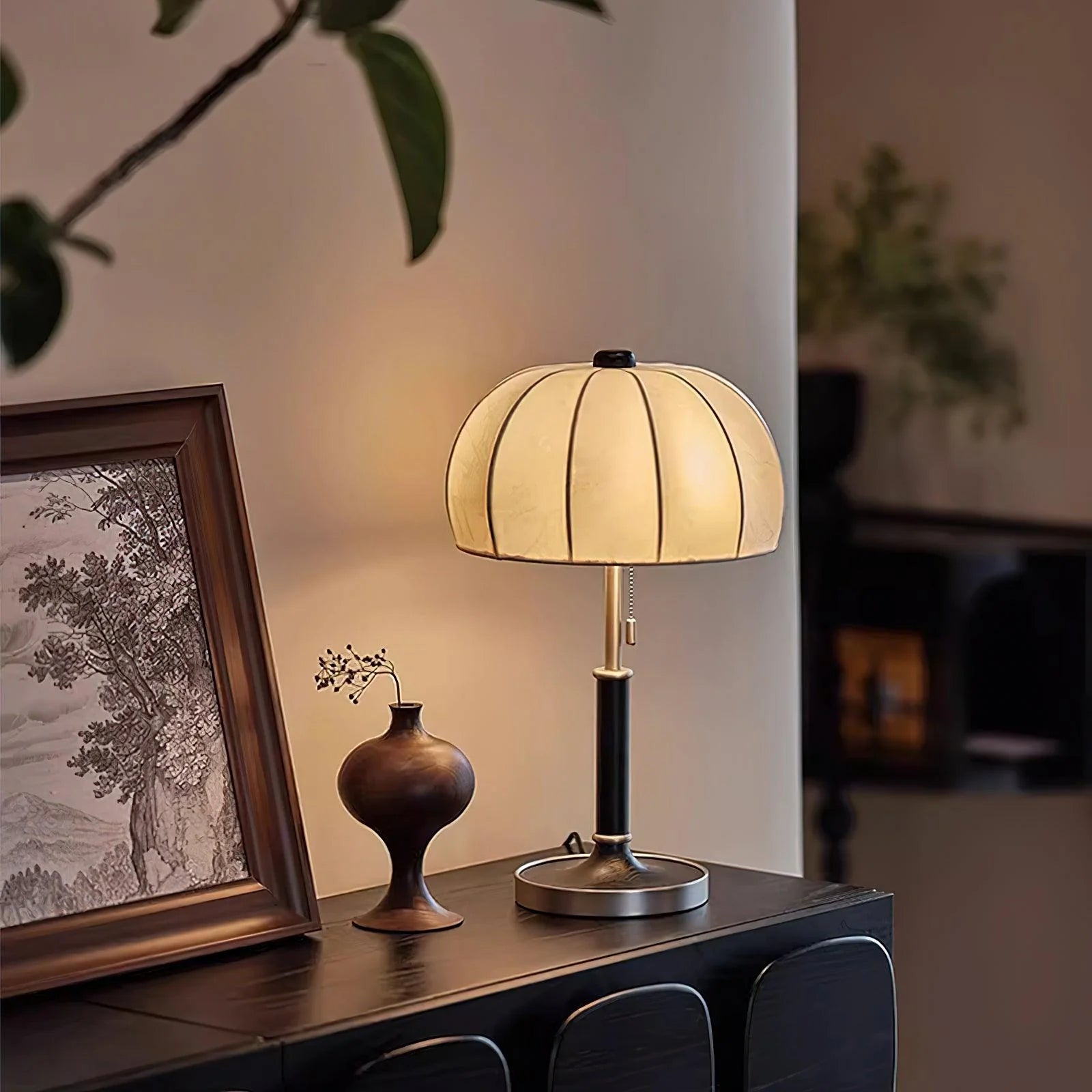 Lampe de table rétro en tissu à dôme nervuré