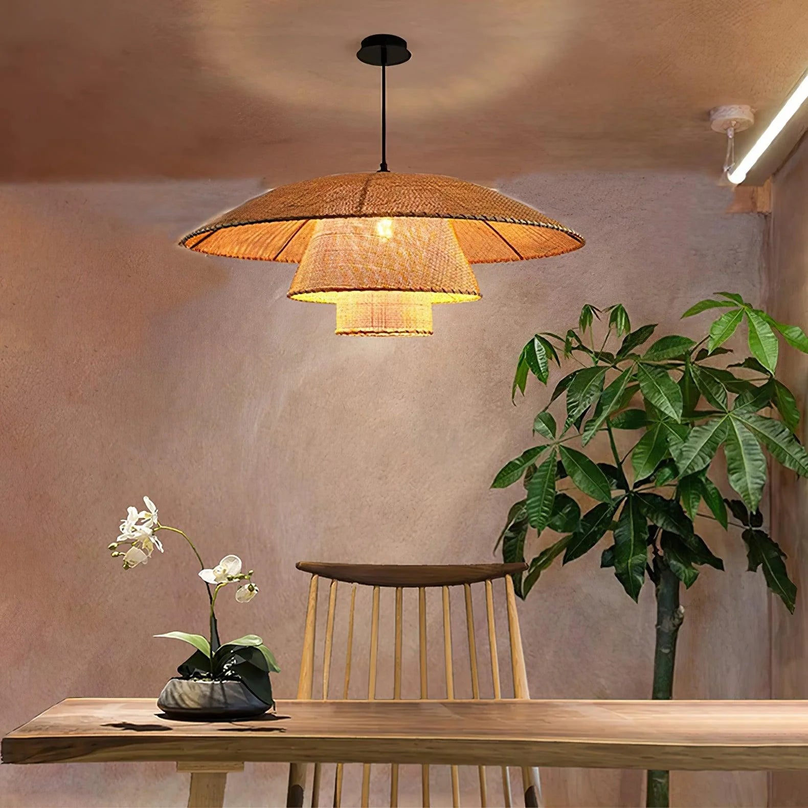 Lampada a sospensione con cappello da sole in tessuto Boho