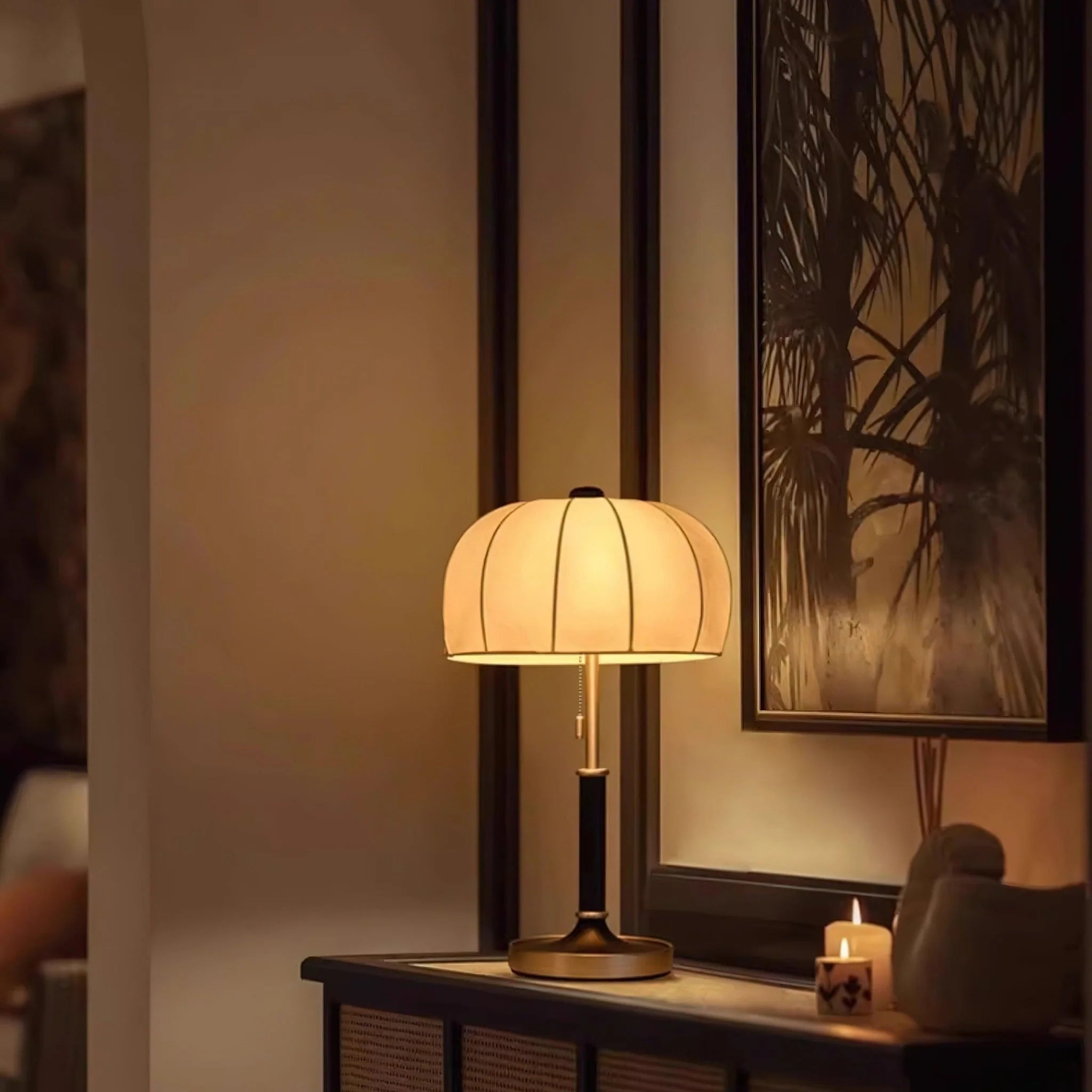 Lampe de table rétro en tissu à dôme nervuré