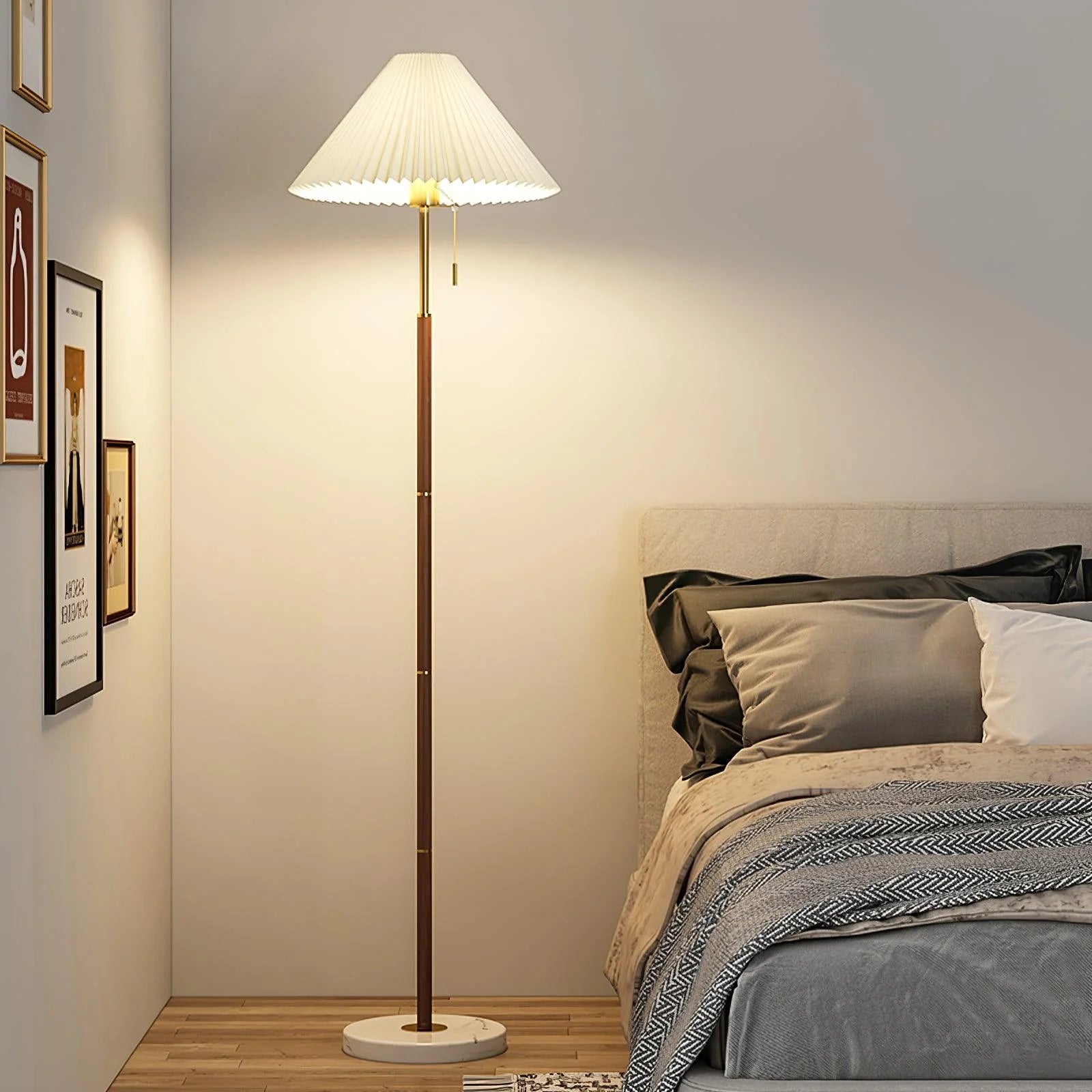 Lampadaire rétro en tissu à cône incurvé