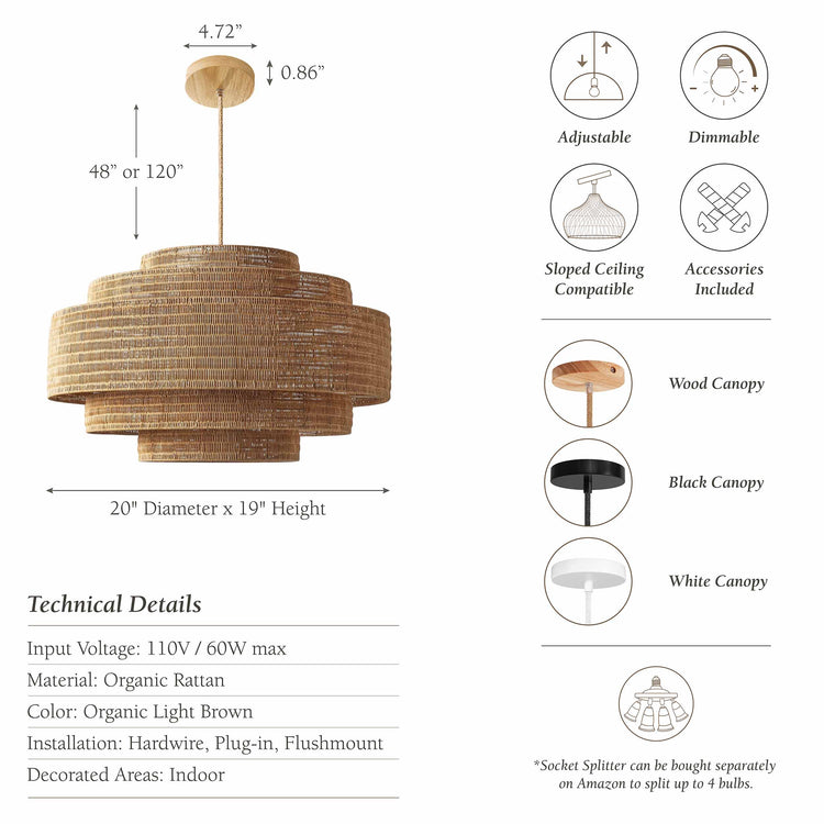 Boho Layered Rattan Pendant Light