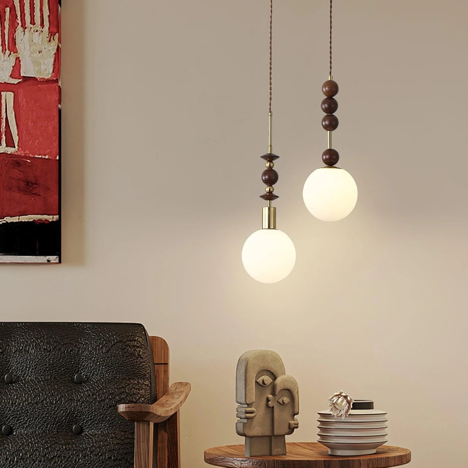 Lampe à suspension ronde classique en bois et verre