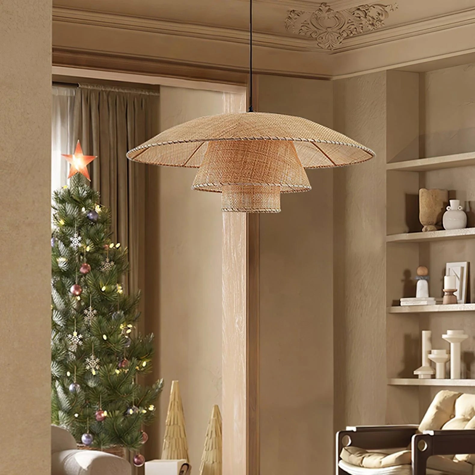 Lampada a sospensione con cappello da sole in tessuto Boho