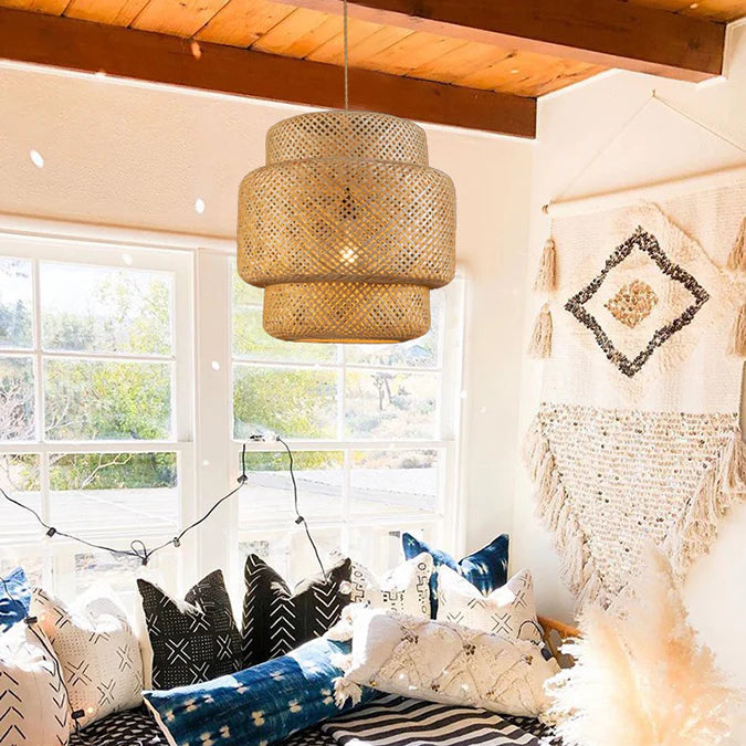 Lampada a sospensione a tre livelli in rattan stile Boho
