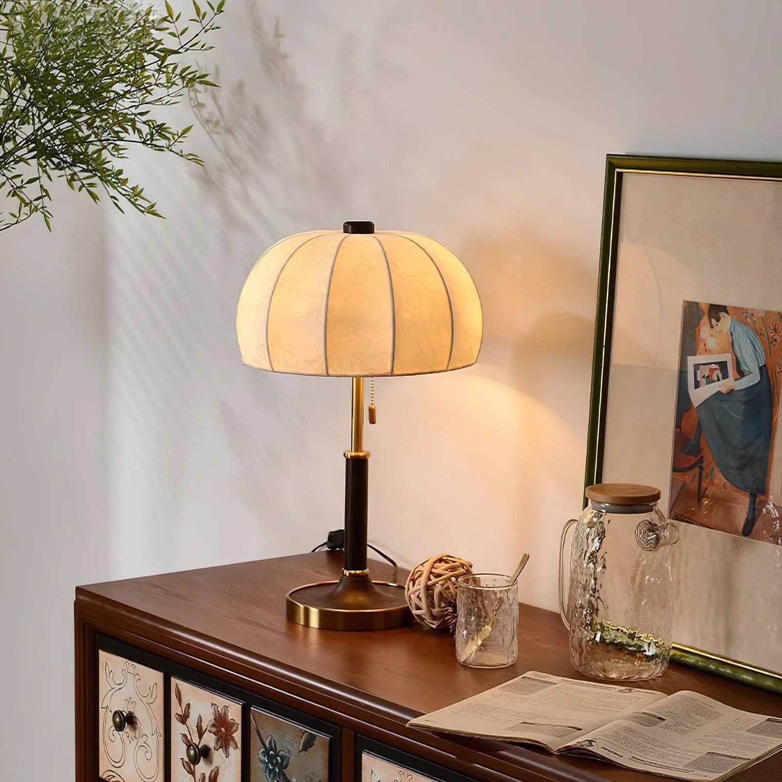 Lampe de table rétro en tissu à dôme nervuré