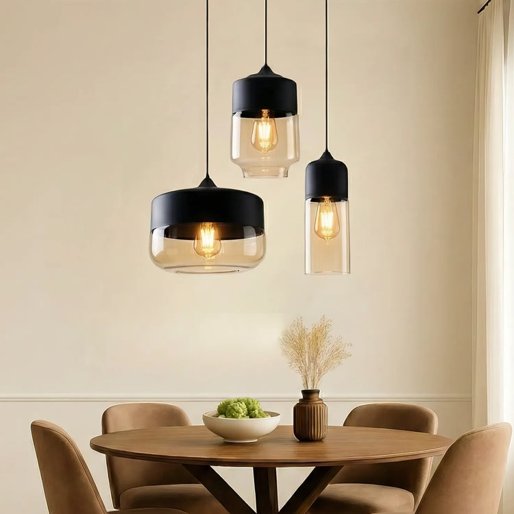 Moderne geometrisk sort & Ravfarvet glas pendellampe