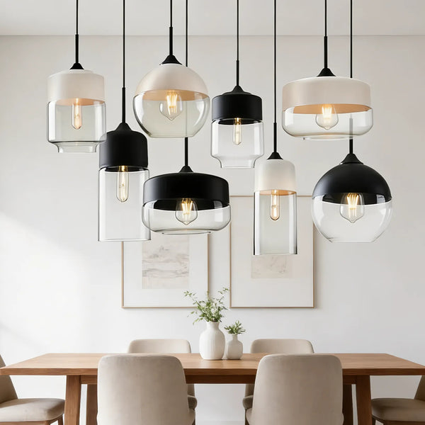 Modern geometrisk svart & Bärnstensfärgad glaspendellampa