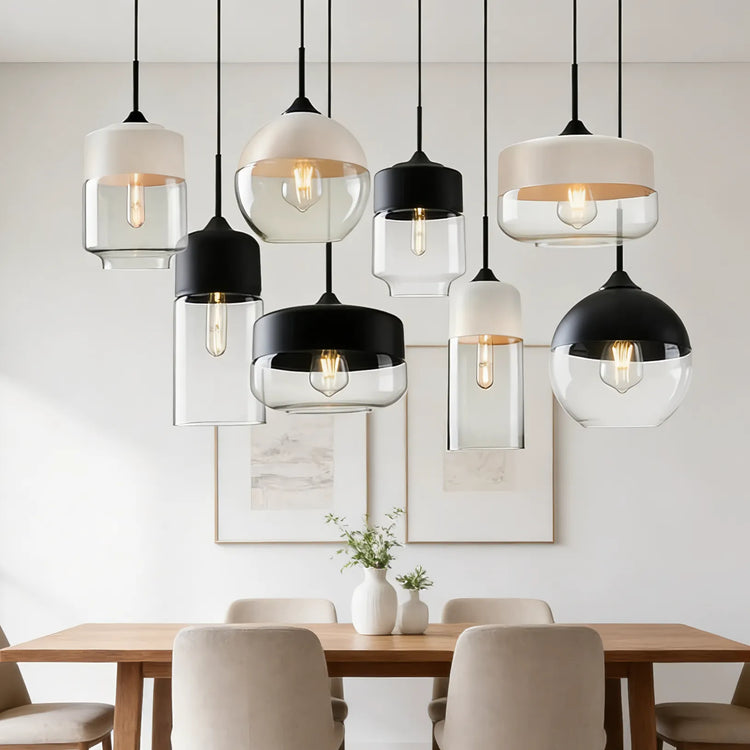 Moderne geometrisk sort & Ravfarvet glas pendellampe