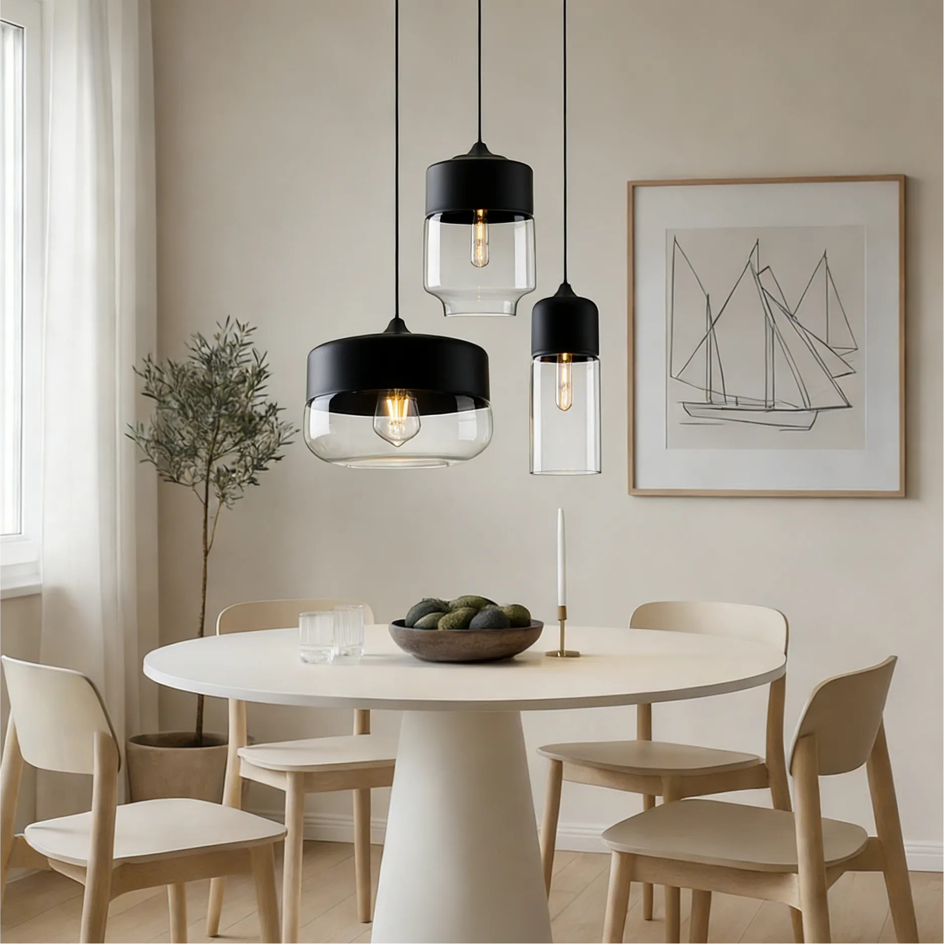 Nero geometrico moderno & Lampada a sospensione in vetro ambrato