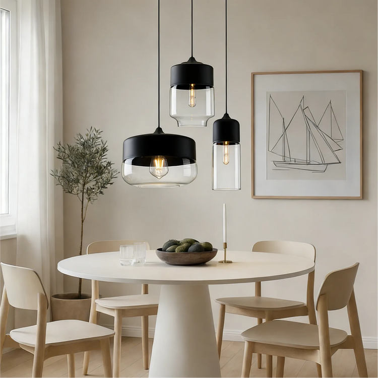 Moderne geometrisk sort & Ravfarvet glas pendellampe