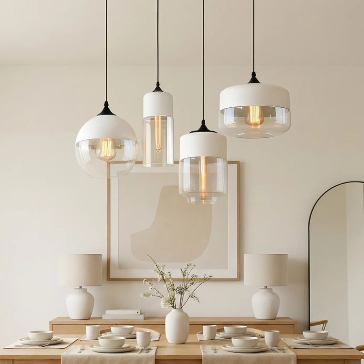 Moderne geometrisk sort & Ravfarvet glas pendellampe