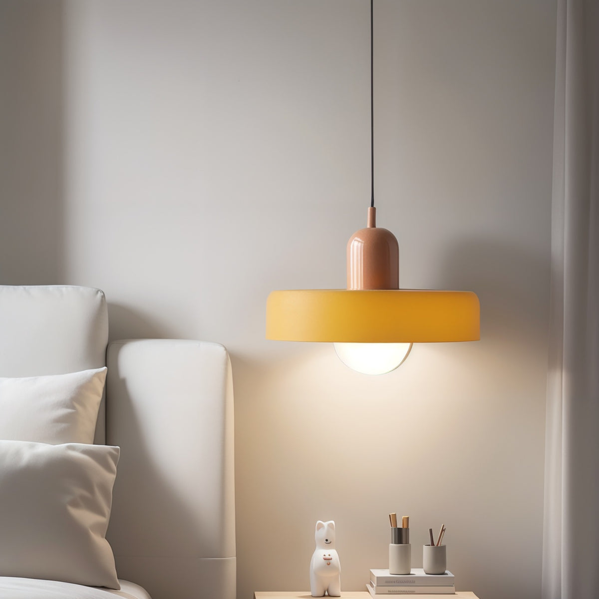 Minimalist bedroom with warm white Bauhaus LED pendant light 