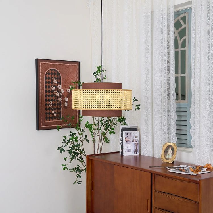 Moderne flerlags rattan tromle pendellampe