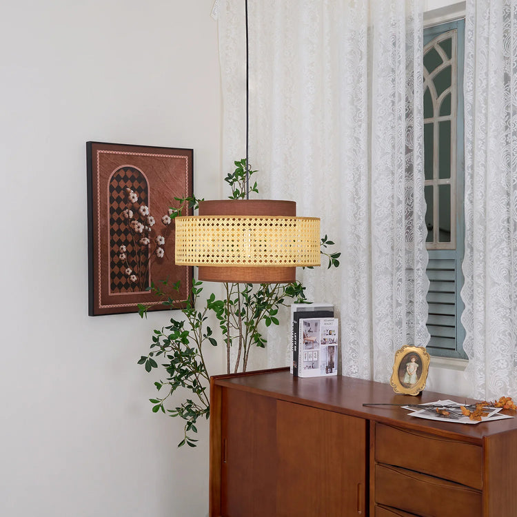 Moderne flerlags rattan tromle pendellampe