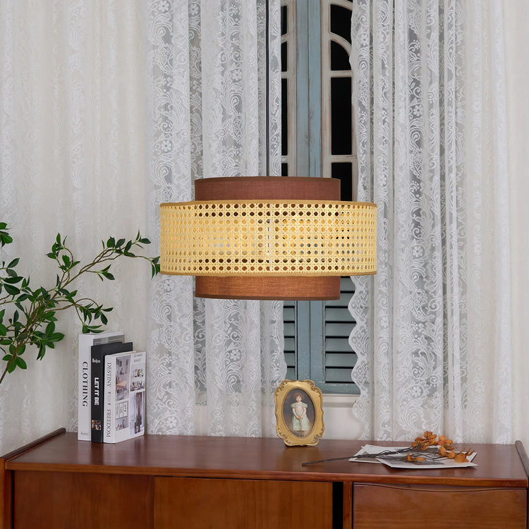 Moderne flerlags rattan tromle pendellampe