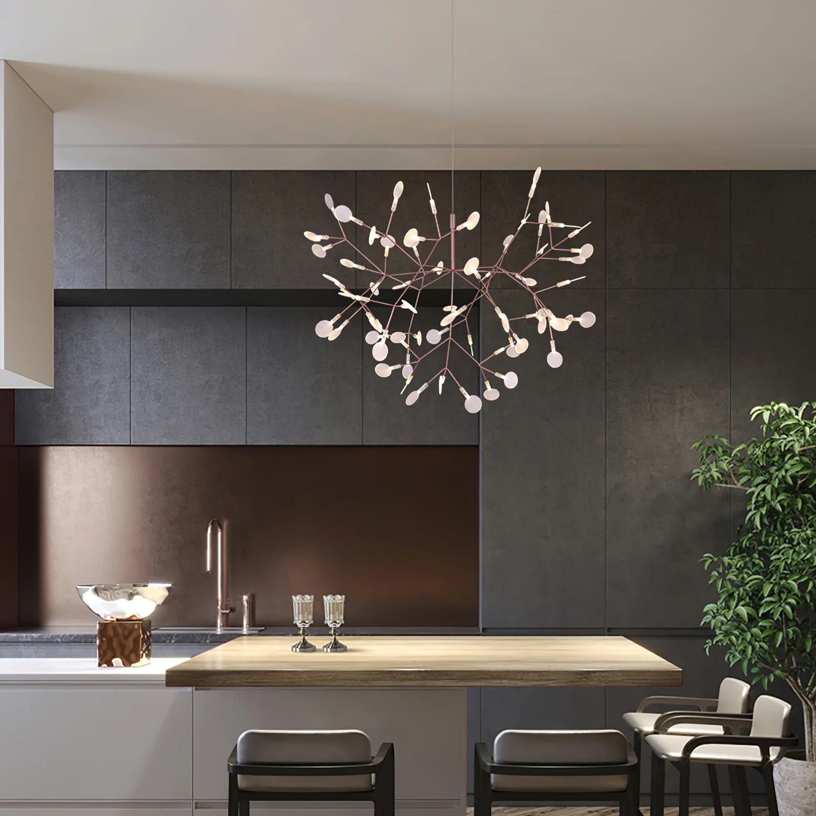 Lampadario luminoso in oro rosa