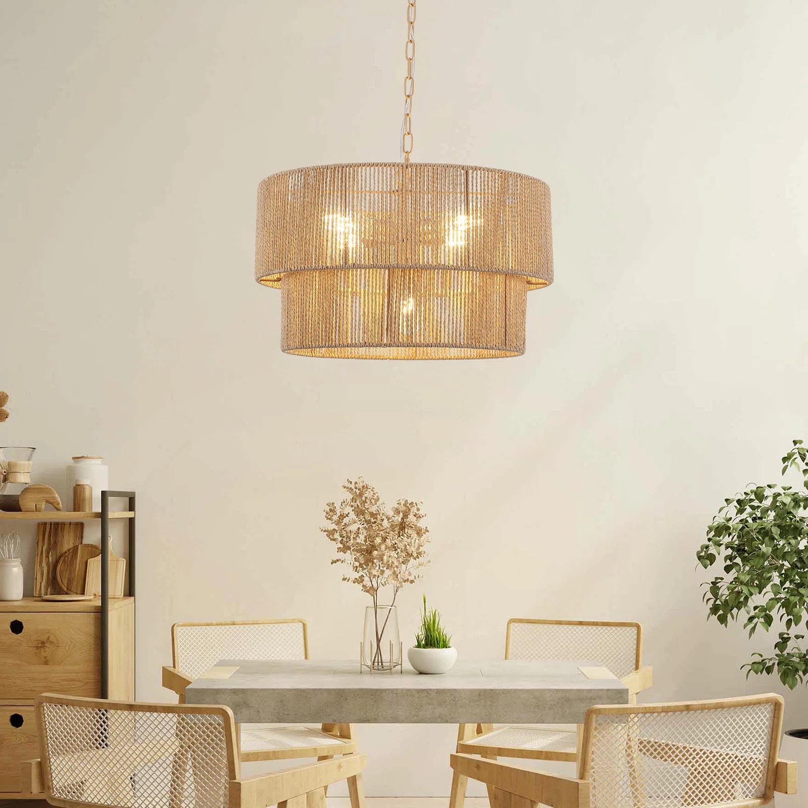Lampada a Sospensione Bohemien a Strati in Rattan con Tamburo