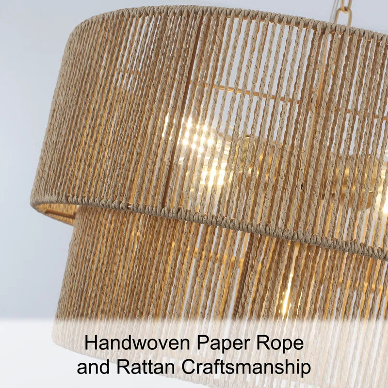 Lampada a Sospensione Bohemien a Strati in Rattan con Tamburo