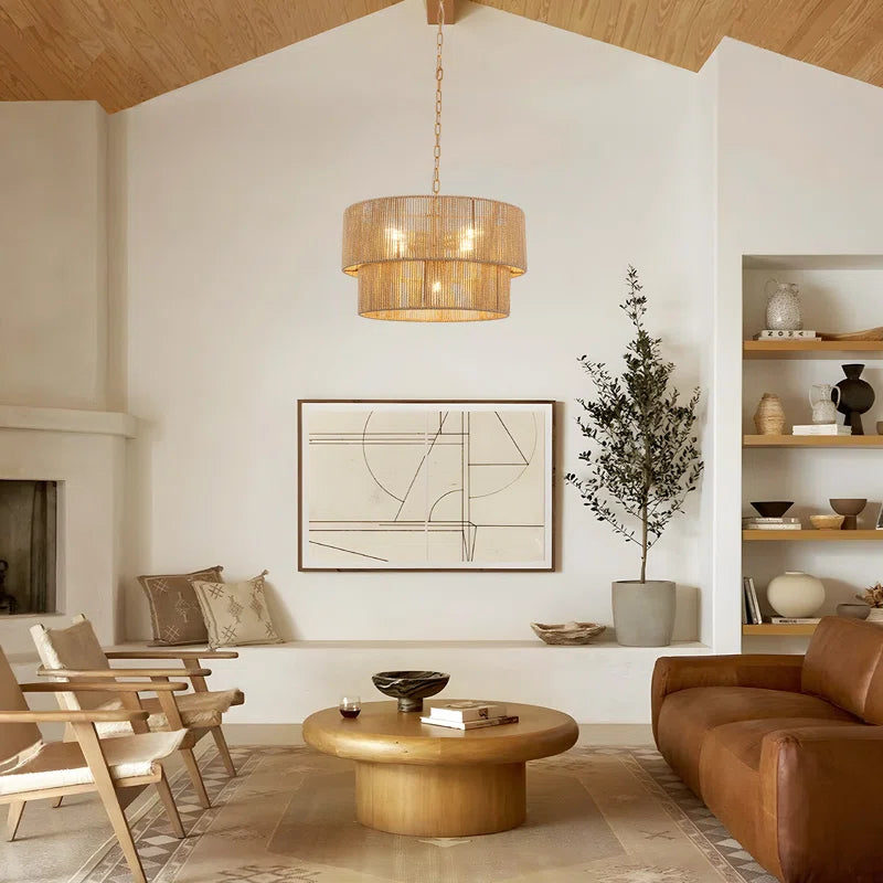 Lampada a Sospensione Bohemien a Strati in Rattan con Tamburo