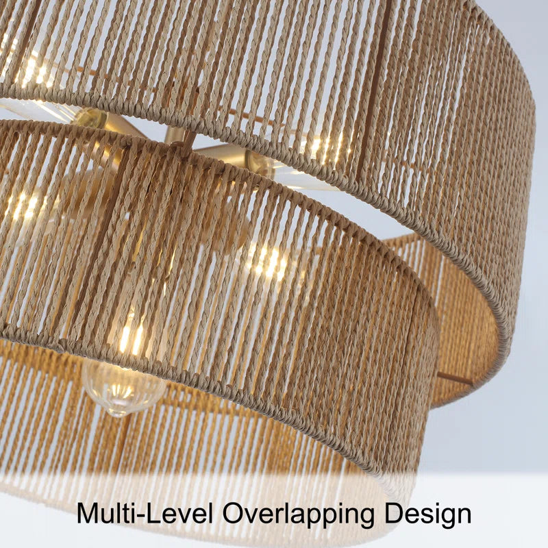Lampada a Sospensione Bohemien a Strati in Rattan con Tamburo