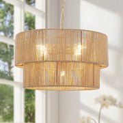 Lampada a Sospensione Bohemien a Strati in Rattan con Tamburo