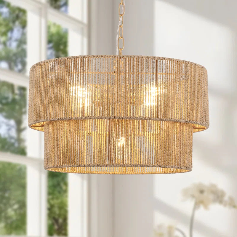 Lampada a Sospensione Bohemien a Strati in Rattan con Tamburo