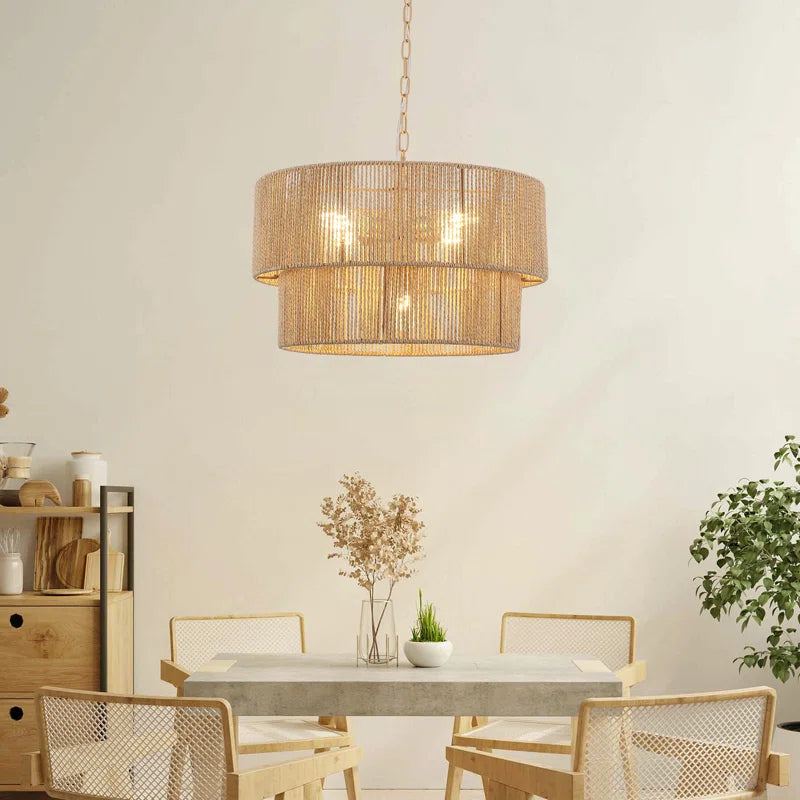 Lampada a Sospensione Bohemien a Strati in Rattan con Tamburo