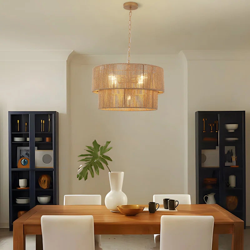 Lampada a Sospensione Bohemien a Strati in Rattan con Tamburo