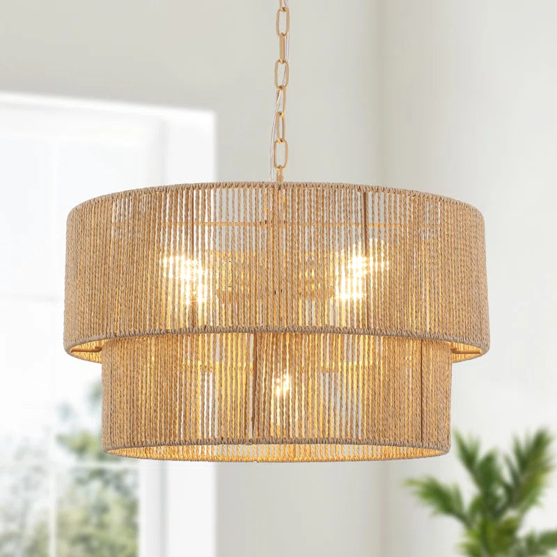 Lampada a Sospensione Bohemien a Strati in Rattan con Tamburo