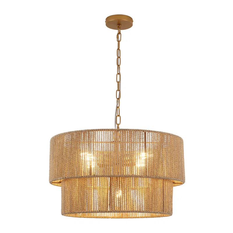 Lampada a Sospensione Bohemien a Strati in Rattan con Tamburo