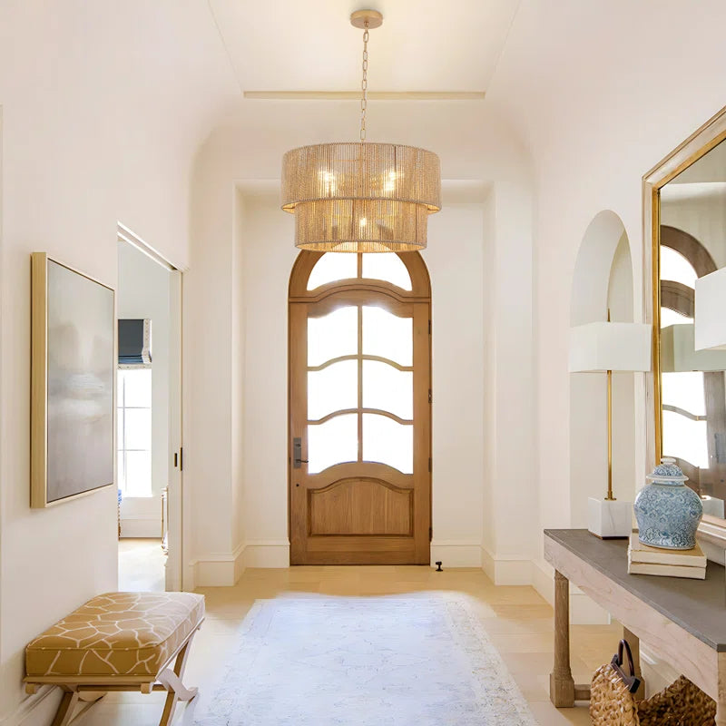 Lampada a Sospensione Bohemien a Strati in Rattan con Tamburo