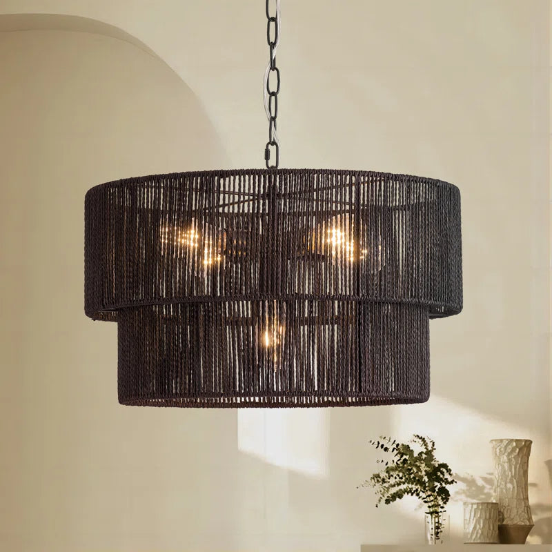 Lampada a Sospensione Bohemien a Strati in Rattan con Tamburo