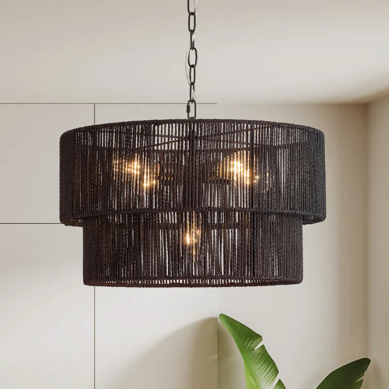 Lampada a Sospensione Bohemien a Strati in Rattan con Tamburo