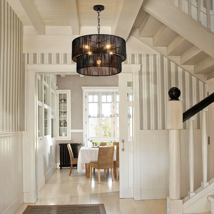 Bohemian Layered Drum Rattan Pendant Light