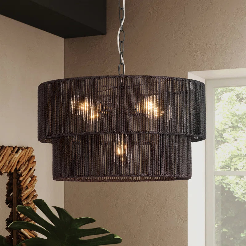 Lampada a Sospensione Bohemien a Strati in Rattan con Tamburo