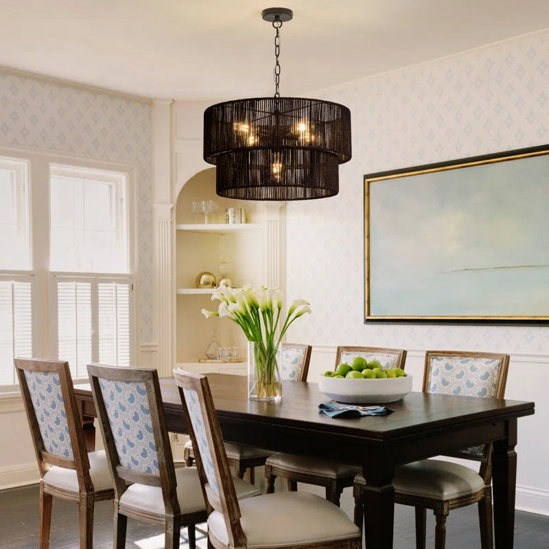 Lampada a Sospensione Bohemien a Strati in Rattan con Tamburo