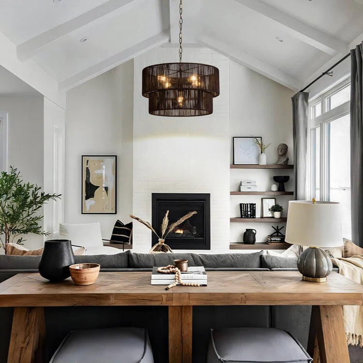 Bohemian Layered Drum Rattan Pendant Light