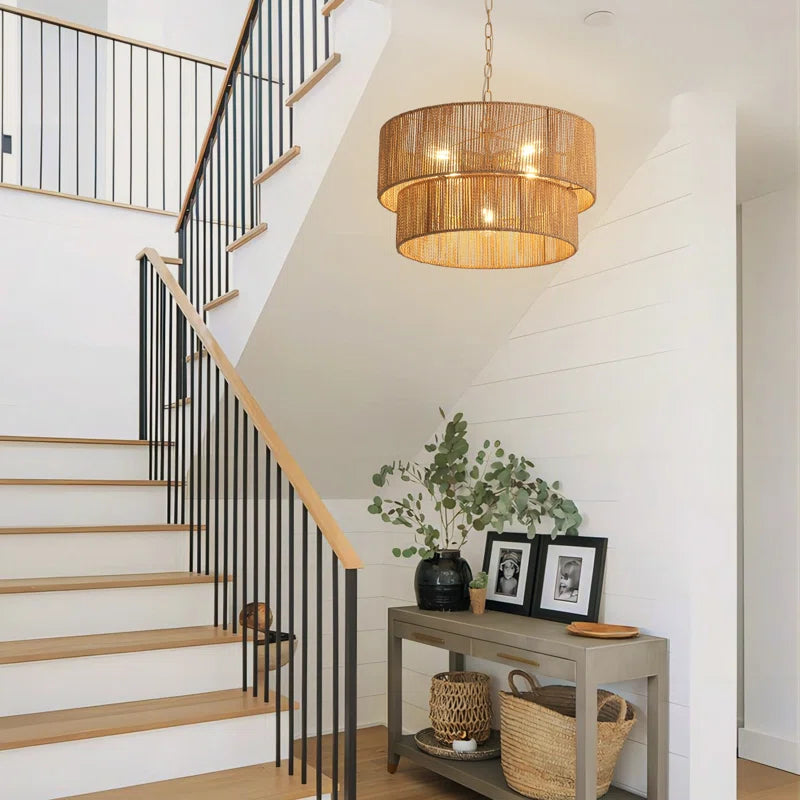 Lampada a Sospensione Bohemien a Strati in Rattan con Tamburo