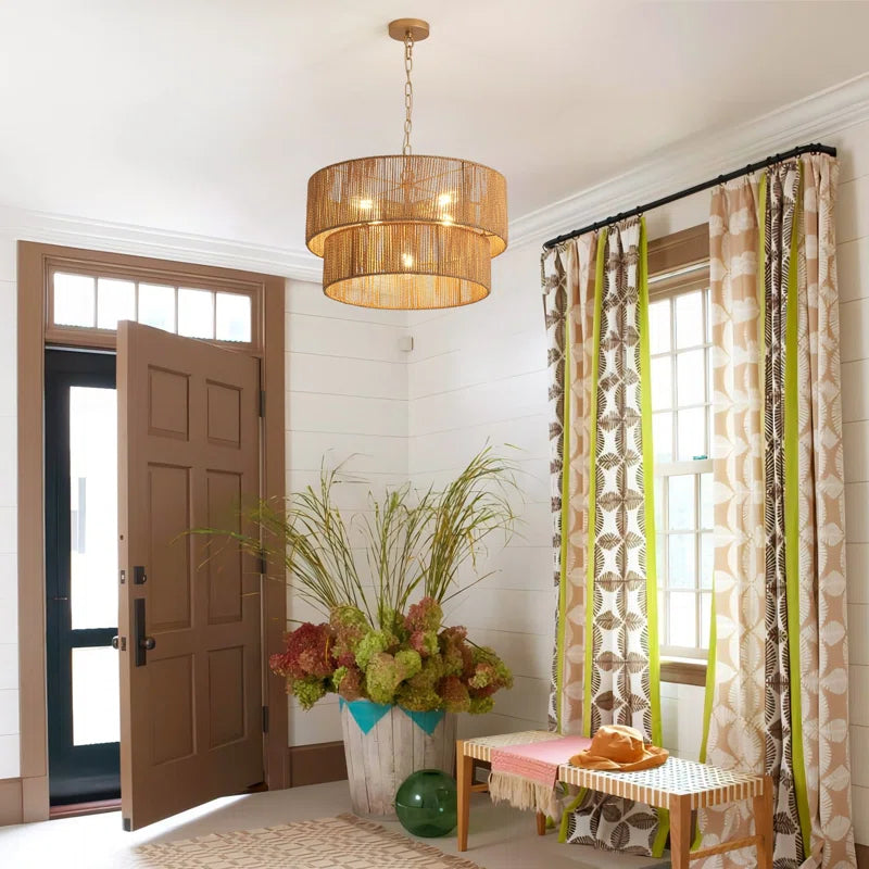 Lampada a Sospensione Bohemien a Strati in Rattan con Tamburo