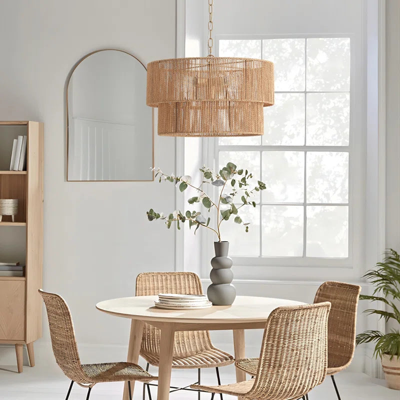Lampada a Sospensione Bohemien a Strati in Rattan con Tamburo