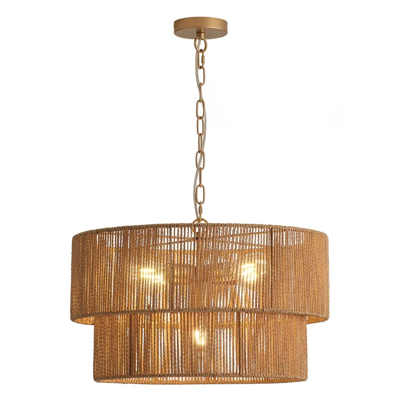 Lampada a Sospensione Bohemien a Strati in Rattan con Tamburo