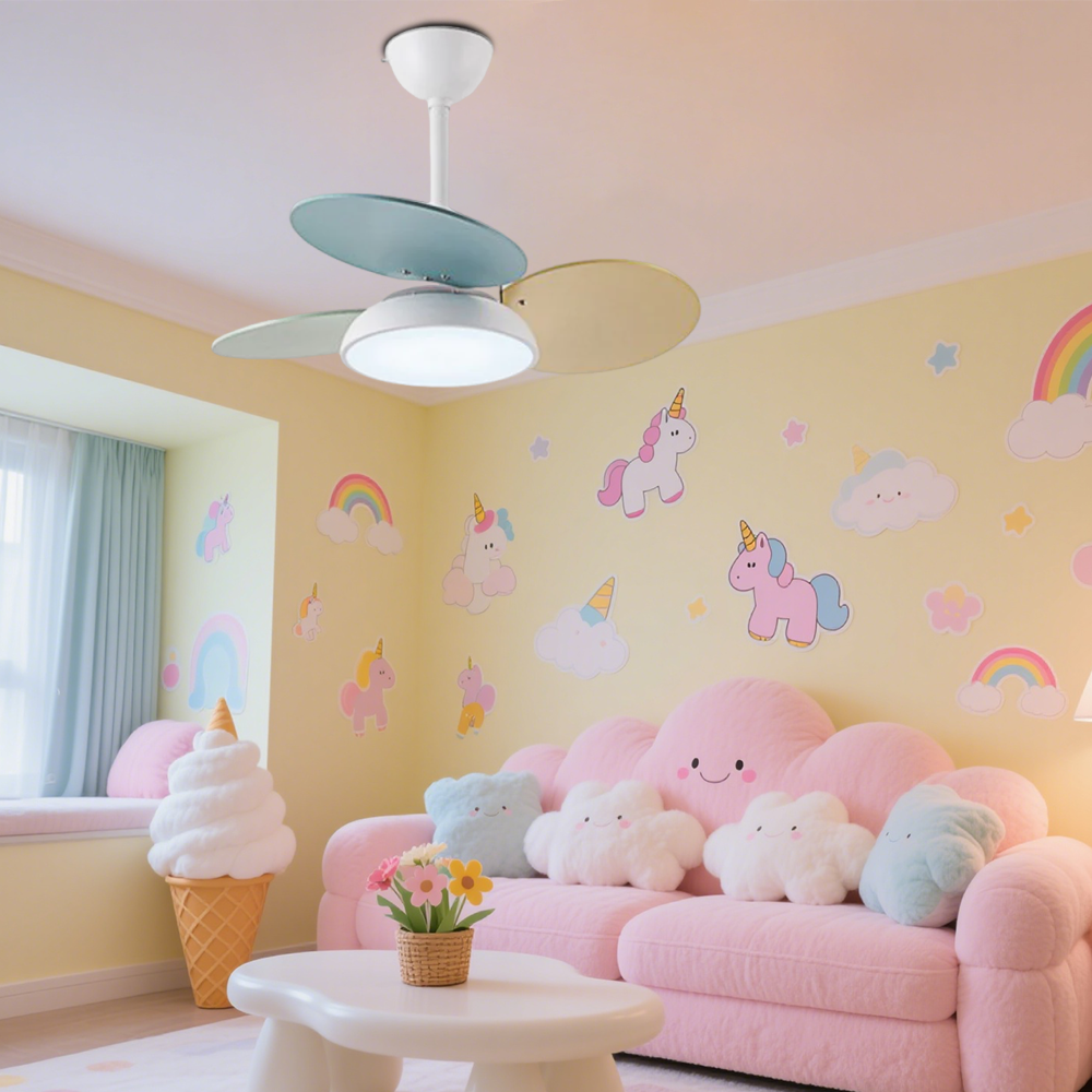 Macaron farverig runde loftsventilator med LED -lys