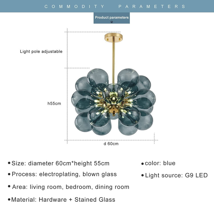 Moderne lysekrone i blå bobleglas